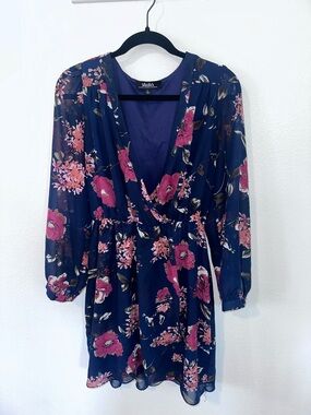 LuLu’s Navy Blue Pink Floral Wrap Dress Flowy Chiffon Boho Size Large